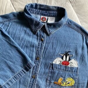Vtg 90s Looney Tunes Warner Bro Denim Shirt Womens 22W/24W Sylvester Tweety Bird